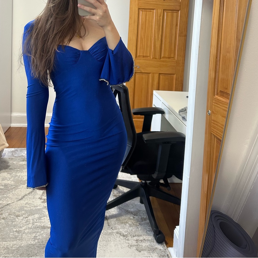 Elegant Royal Blue Maxi Long Sleeve Dress, small, rhinestone detail